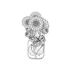 Hand drawn doodle style black and white bouquet of dahlia flowers in mason jar vase. isolated on white background. stock vector illustration.