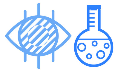 Flask and eye medical symbols in blue color, shape of hospital equipment, logotype element of decoration, dna and chemical icons, laboratory vector