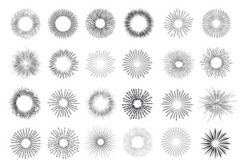 Set of vintage hand drawn sunburst rays design elements, explosion, fireworks black ray's. Vintage sunburst. Elements for graphic and website design. Vector illustration. Isolated on white background.