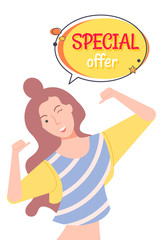 Cheerful personage, isolated female character winking and pointing on herself. Proposition of shop, reduction of price, sale and discount store. Happy woman on black friday sale. Vector in flat style