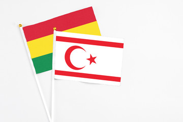 Northern Cyprus and Bolivia stick flags on white background. High quality fabric, miniature national flag. Peaceful global concept.White floor for copy space.