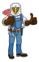 An eagle plumber cartoon mascot holding a toilet or sink plunger