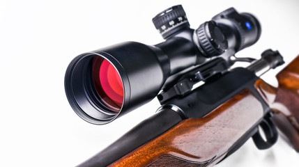 Detail of rifle telescope banner for sport hunting isolated on whute background. Hunting sniper gun, optics scope close up. Panorama or space for text in left side.