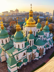 Saint Sophia Cathedral, inscribed on the World Heritage List, one of the main landmarks in Kyiv city, Ukraine. aerial view