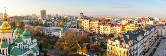 Zelfklevend Fotobehang Kiev Luchtfoto van Kiev stad, centrum district, Oekraïne. Panoramisch stadsgezicht