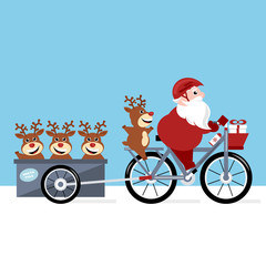 Christmas scene - Santa Claus riding a bike with red nose reindeer in the trailer vector illustration