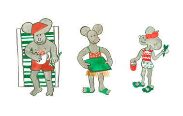 Watercolor family of mice. An illustration of a tropical Christmas holiday in the red and green shades.