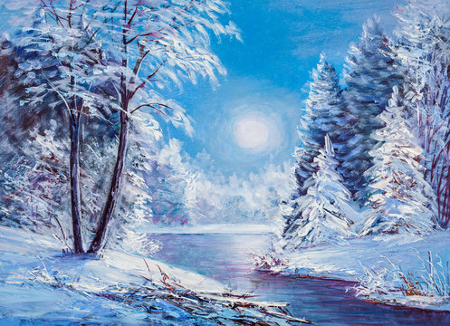 Christmas forest with river. Oil painting landscape.