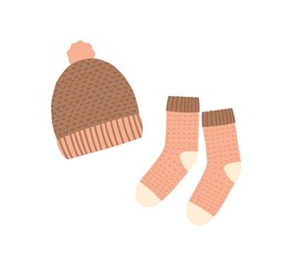 Knitted hat and socks flat vector illustration