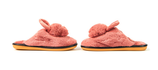 Cute warm fluffy women's Bunny Slippers isolated on white background
