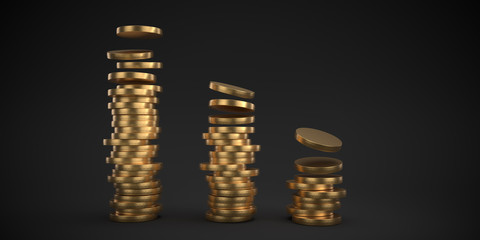 Banking and finance concept.Gold medal stacked into three piles. 3D render.