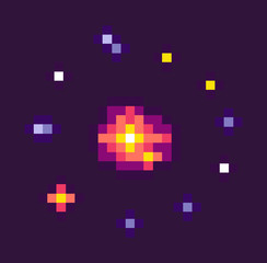 Stars of galaxy in pixel outer space game vector, starry sky with planets in circle, burst big explosion, 8 bit graphics of elements, infinity flat style