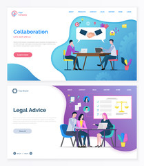 Business collaboration and legal advice online, people discussing and consultation. Lawyer and clients, teamwork cooperation, brainstorming vector. Website or webpage template, landing page flat style