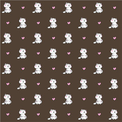 Seamless background. Cute white cats on a dark background. Hearts.