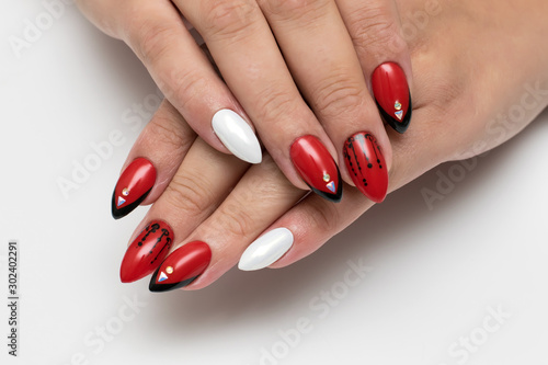 Red Black White Manicure On Long Sharp Nails Black French Crystals And  Triangles White Pearl Bright Nails Wall Mural-dina_shuba