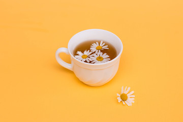 Chamomile tea in a white tea cup and chamomile flowers, yellow background.