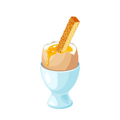 Toast soldier in soft-boiled egg in eggshell in egg holder. Vector illustration cartoon flat icon set isolated on white.