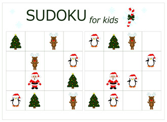 Sudoku for kids. Children's puzzles. Educational game for children. santa claus, penguin, deer, christmas tree