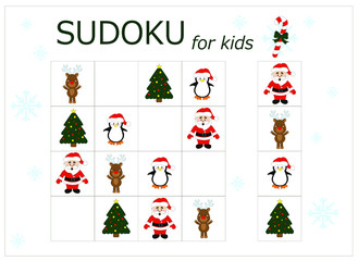 Sudoku for kids. Children's puzzles. Educational game for children. santa claus, penguin, deer, christmas tree