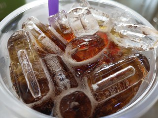 Glass, soft drinks and close-up ice