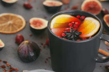 Mulled wine hot drink with fruit and spices