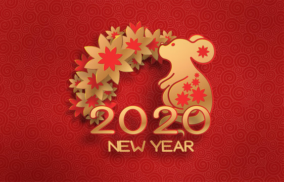 Golden mouse on a textured red background. Template on the theme of the Chinese horoscope. Eastern calendar. Year of the mouse. Greeting card.