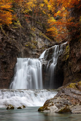 Water cascade on the mountain surrounded by an autumnal forest in vertical