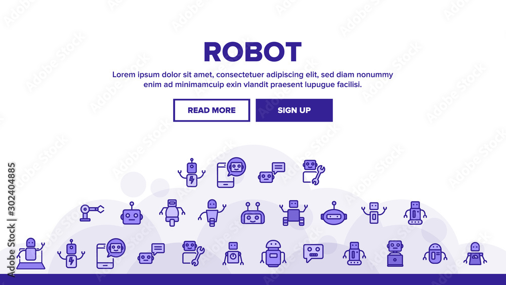 Poster robot high technology landing web page header banner template vector. modern electronic robot, smart