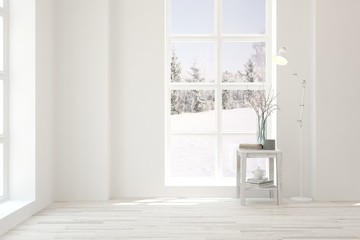 Mock up of empty room in white color with winter landscape in window. Scandinavian interior design. 3D illustration