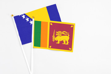 Sri Lanka and Bosnia Herzegovina stick flags on white background. High quality fabric, miniature national flag. Peaceful global concept.White floor for copy space.