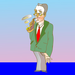 man smoking a pipe with a red tie and a green jacket
