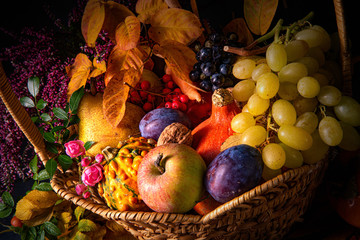 autumnal cornucopia in round basket