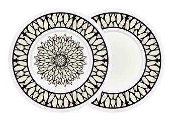 Matching decorative plates for interior designwith floral art deco pattern. Empty dish, porcelain plate mock up design. Vector illustration. White, grey color