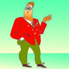a man in a red jacket and glasses on his face