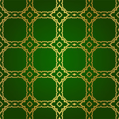 Luxury Seamless Geometrical Linear Texture. Original Geometrical Puzzle. Backdrop. Vector illustration. Green gold color. Design For Prints, Textile, Decor, Fabric.