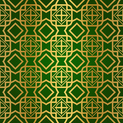 Luxury Seamless Geometrical Linear Texture. Original Geometrical Puzzle. Backdrop. Vector illustration. Green gold color. Design For Prints, Textile, Decor, Fabric.