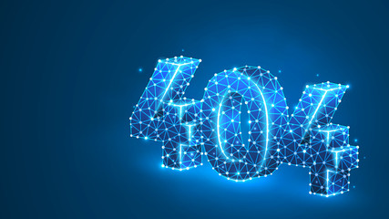 Error 404 page not found. Website opening failure. Oops, connection troubles, warning design. Abstract digital wireframe, low poly mesh, polygonal vector blue neon 3d illustration. Line dot