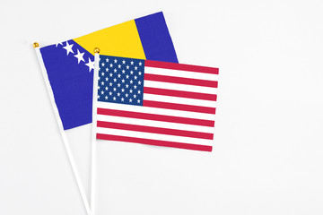United States and Bosnia Herzegovina stick flags on white background. High quality fabric, miniature national flag. Peaceful global concept.White floor for copy space.