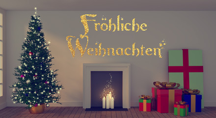 German Merry Christmas with Christmas tree and gift boxes