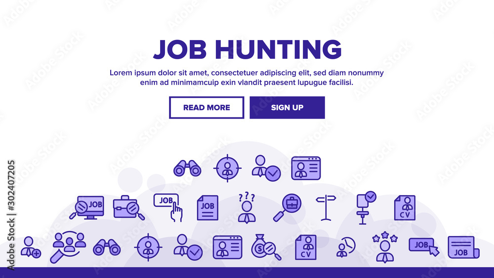 Poster job hunting landing web page header banner template vector. magnifier with suitcase and computer, we