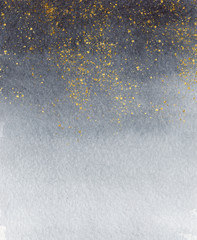 Watercolor dark grey background with gold paint drops. Beautiful gradient black and gold texture.  Hand drawn high resolution texture for posters, postcards, prints, invitations and other design. 