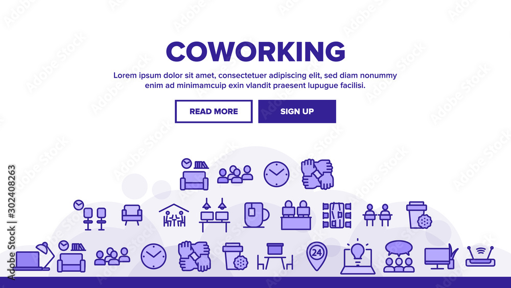 Poster coworking landing web page header banner template vector. working table place with computer, laptop 