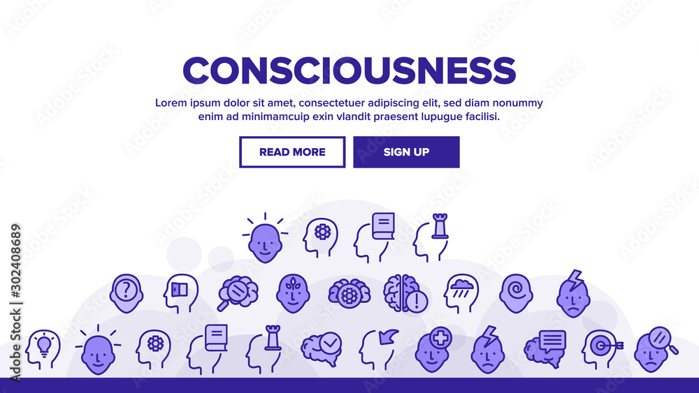 Poster consciousness landing web page header banner template vector. human silhouette with light bulb and l