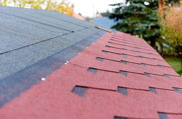 Modern roof shingles tiles. Soft asphalt roof cover and roofing construction for a small house in the garden. Easy roofing repair. Czech republic, Europe.