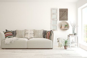 Stylish room in white color with sofa. Scandinavian interior design. 3D illustration