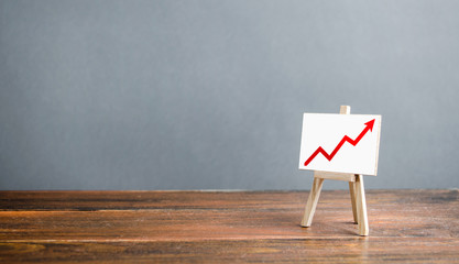 Easel with a red arrow up. The concept of success, rapid growth and development. Business planning and revenue analysis. Increase efficiency, productivity. Well-being and prosperity, promotion.