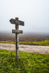 Wegweiser aus Holz mit Beschriftung im Nebel vor herbstlicher Landschaft