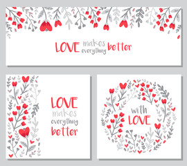 Cute set of Valentines Day floral backgrounds with hand drawn leaves and heart shaped flowers in doodle style