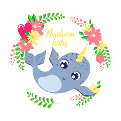 baby shower greeting or invitation card with newborn baby cute animal. Newborn invitation card with cute narwhal character in flower border whreath © lonabon