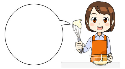 お菓子（クリーム）作りをする女性のイラスト フキダシ